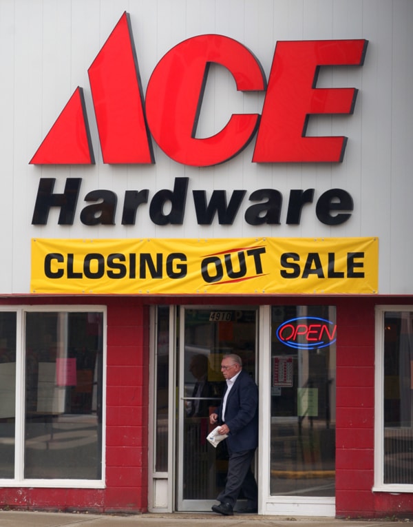 A customer leaves the soon-to-close Ace Hardware store in Blackfalds Monday.