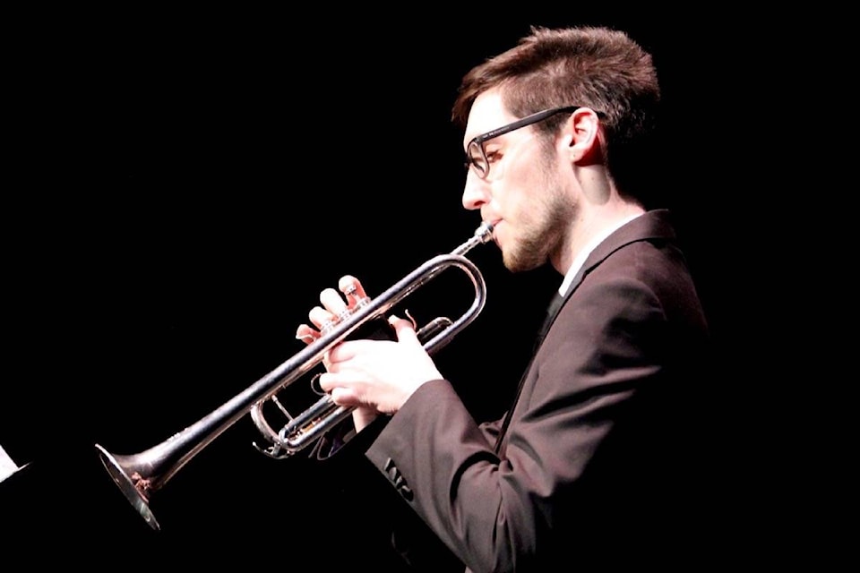 Alastair Wohlgemuth plays the trumpet during Red Deer College School of Creative Arts’ Thursday Live performance at the Arts Centre. (Photo by SEAN MCINTOSH/Advocate staff)