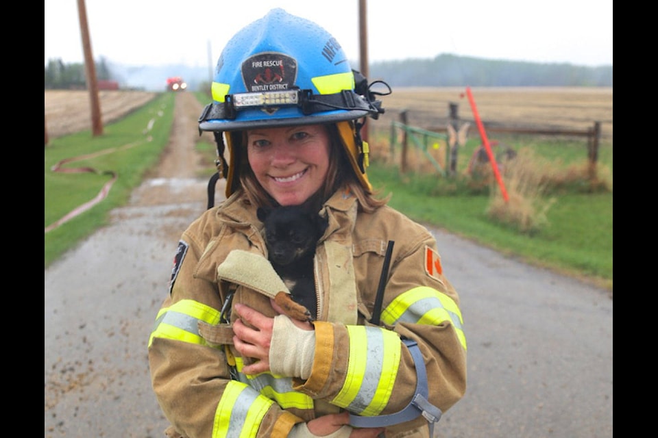 A man and a woman were left homeless after a fire early on Thursday morning just north of Lacombe. Volunteer firefighters from Lacombe and Bentley rescued a number of small dogs. Photo provided by Kathi Issler, Bentley District Fire Department