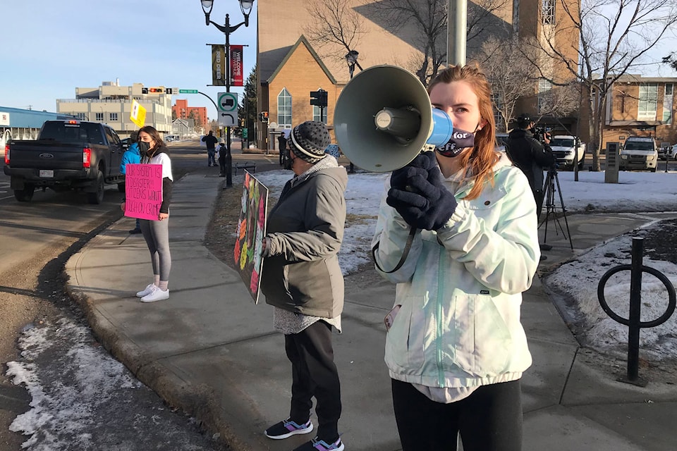 Britanney Povey, Jeffery Kraft’s cousin, was among many friends and family who turned up outside the Red Deer courthouse on Thursday to call for a long sentence for Tyler John Campbell, who killed Kraft in December 2019. Photo by PAUL COWLEY/Advocate staff