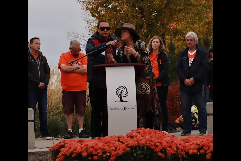 Tracey Grieke (right) addressing the event attendees with Ryan Jason Allen Willert. (Reeti Rohilla/Black Press news services)