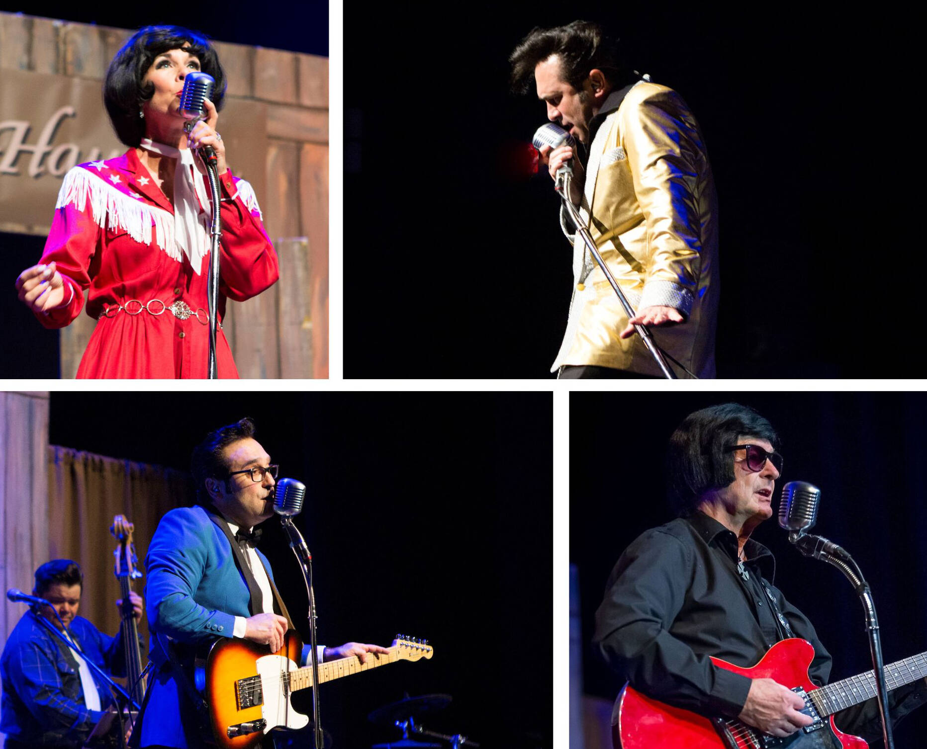 Some of the colourful cast members of Louisiana Hayride - Top left Patsy, Top right Vic. as Elvis, Bottom left Buddy, Bottom right Gil as Roy.