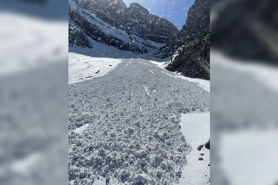 The runout zone of a size 2.5 avalanche that carried a skier 500 metres down Miner's Gully southwest of Canmore, Alta., on Saturday, April 26.