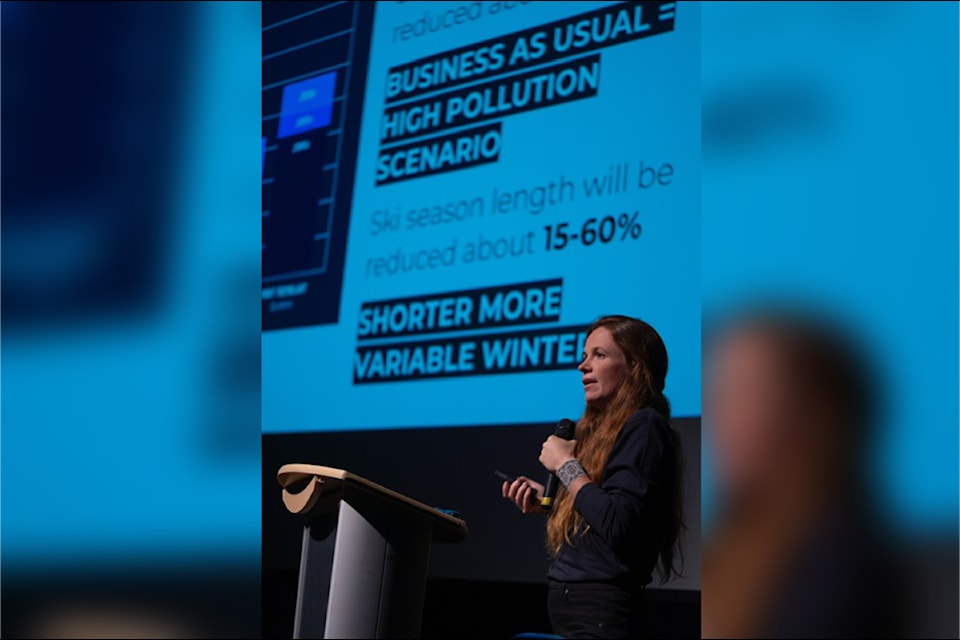 A speaker talks at the POW Canada Townhall hosted by the Revelstoke Performing Arts Centre on Wednesday evening, April 9. (Photo by Marcos Hlace)