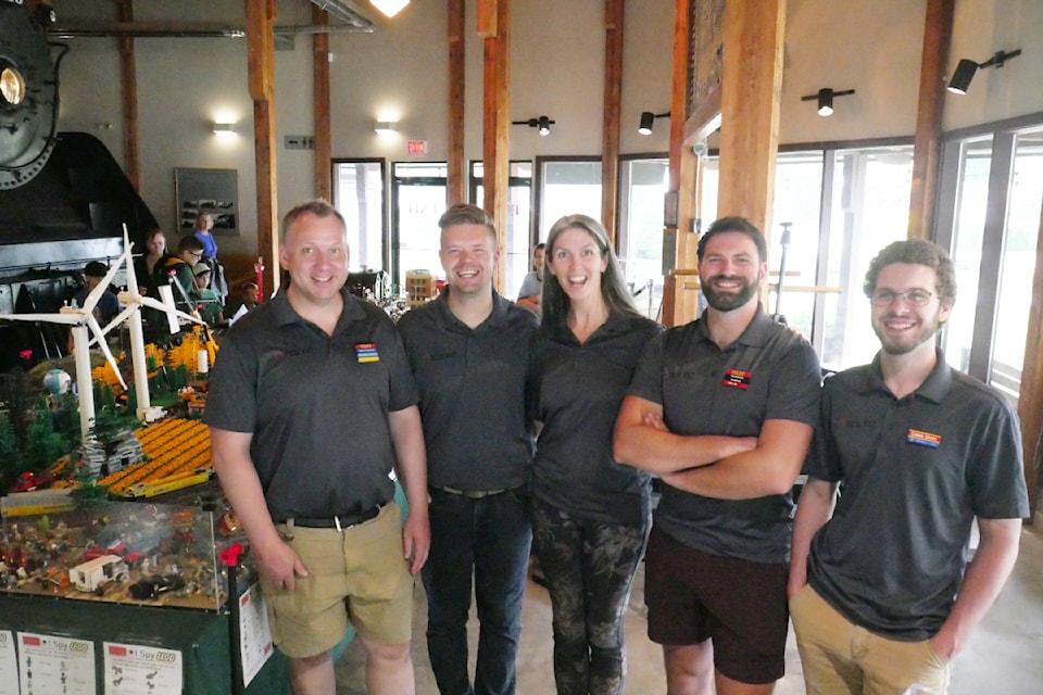From left, Daryl Faulkner, Ryan and Kayleigh Harris, Alex Broccolo and Caleb Short with their Lego exhibit at the Revelstoke Railway Museum on Friday, Aug. 15.