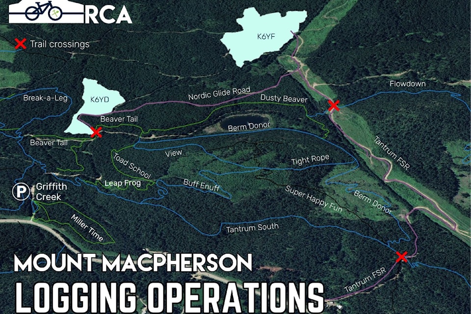 A map of cutblocks and bike trail closures planned for Mount MacPherson's upper slope network, as shared by the Revelstoke Cycling Association on Wednesday, Aug. 27.