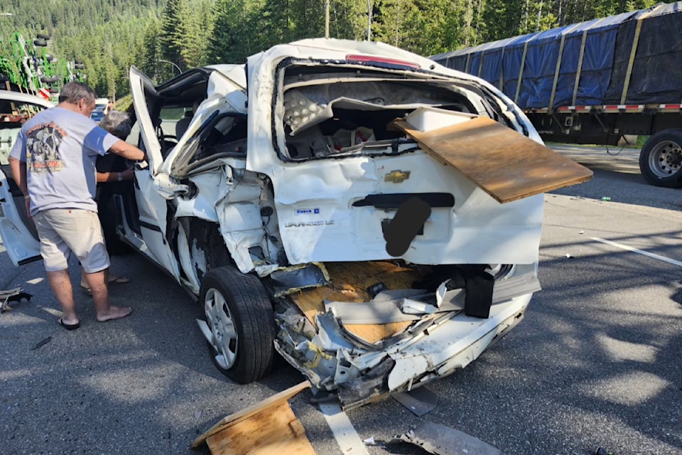 The aftermath of a collision on the Trans-Canada Highway in spring 2025, just east of Revelstoke's southern exit.