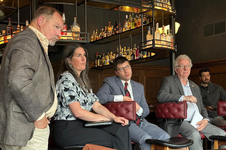 From left, Revelstoke Mayor Gary Sulz, Revelstoke Chamber of Commerce CEO Caroline Lachapelle, MP Garnett Genuis and MP Mel Arnold at the Quartermaster Eatery on Monday, June 23.