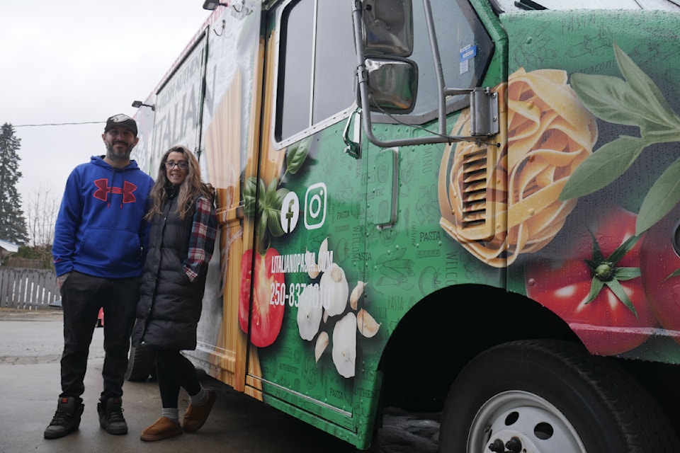 David and Jess Bafaro together with their L'Italiano Pasta Co. truck outside their home in Revelstoke's Southside neighbourhood Wednesday, March 12.