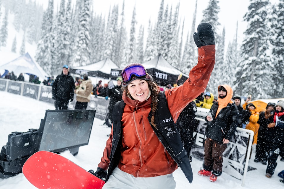 Snowboarder Spencer O'Brien of Alert Bay, B.C., after winning the women's category at the 2025 Natural Selection Tour at the Montana Bowl near Revelstoke, Saturday, March 15.