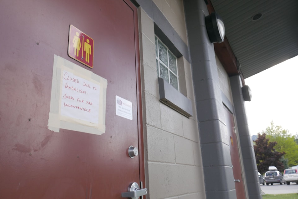 The Kovach Park washroom facilities pictured partially closed Tuesday, May 20, following a suspicious fire started inside one lavatory Saturday, May 17.