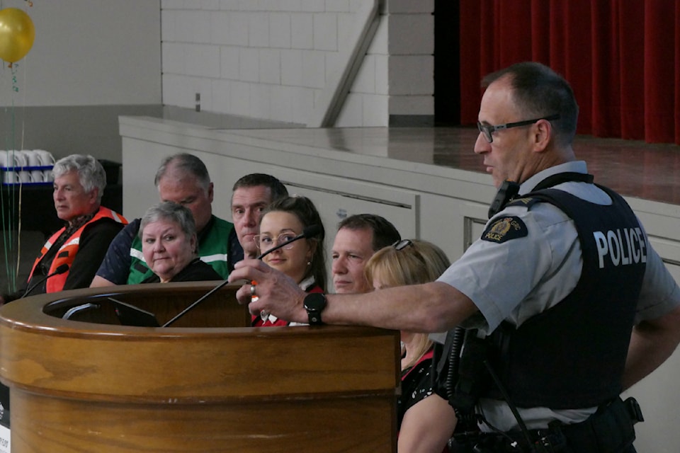 Revelstoke RCMP Staff Sgt. Chris Dodds (right) speaks at the city's emergency preparedness town hall at the Revelstoke Community and Aquatic Centre on Tuesday evening, May 6.