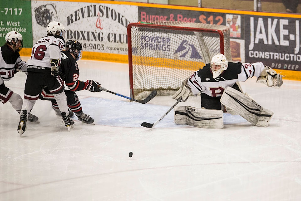 The Revelstoke Grizzlies won the Okanaga/Shuswap Conference of the KIJHL last night with a 3-1 win over the Kelowna Chiefs. Goalie Liam McGarva saved 48 shots. (Jocelyn Doll/Revelstoke Review)