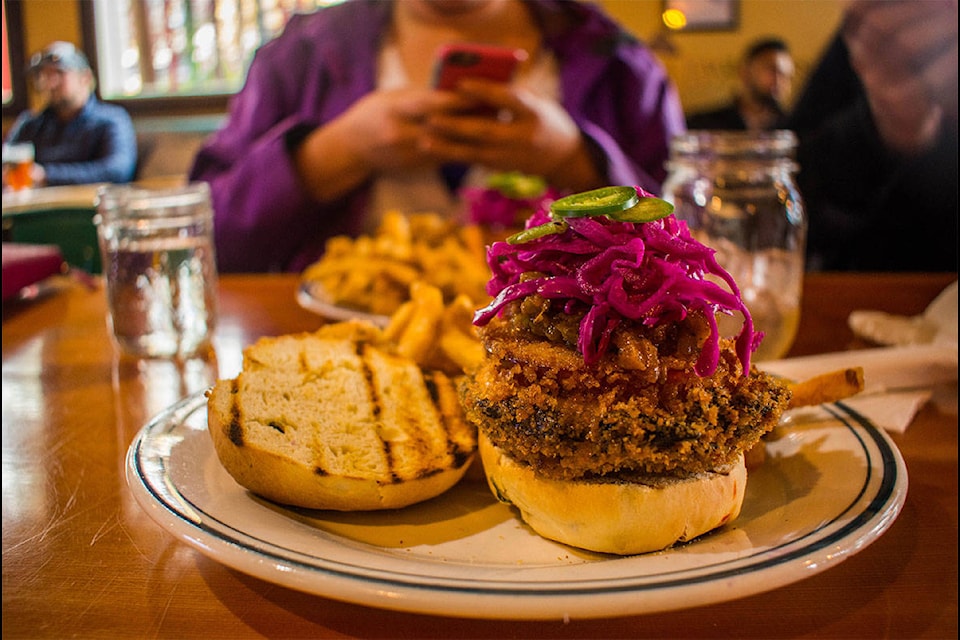 The best vegetarian burger was at Village Idiot with their crispy stuffed portobello with apple and goats cheeseburger topped with braised cabbage, tomato relish, garlic aioli, served on a jalapeno brioche bun. (Liam Harrap/Revelstoke Review)