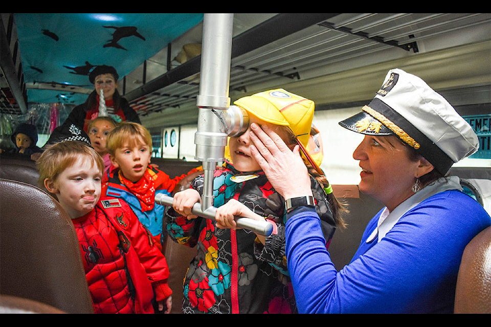 Sonia Cinelli has been a school bus driver for three years. Her first Halloween she had rocket ship dress, the second year she decided to turn her bus into a jungle ride. This Halloween, her bus became a submarine. (Liam Harrap/Revelstoke Review)
