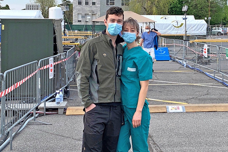 Ian and Carolyn Larratt outside the Samaritan’s Purse-run field hospital in Cremona, Italy. (Contributed)