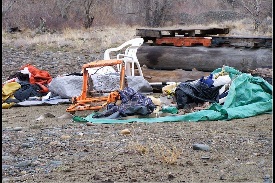 Photos from 2018 show camping debris abandoned in the Similkameen riverbed, in the Keremeos area. (Supplied - Village of Keremeos) Photos from 2018 show camping debris abandoned in the Similkameen riverbed, in the Keremeos area. (Supplied - Village of Keremeos)