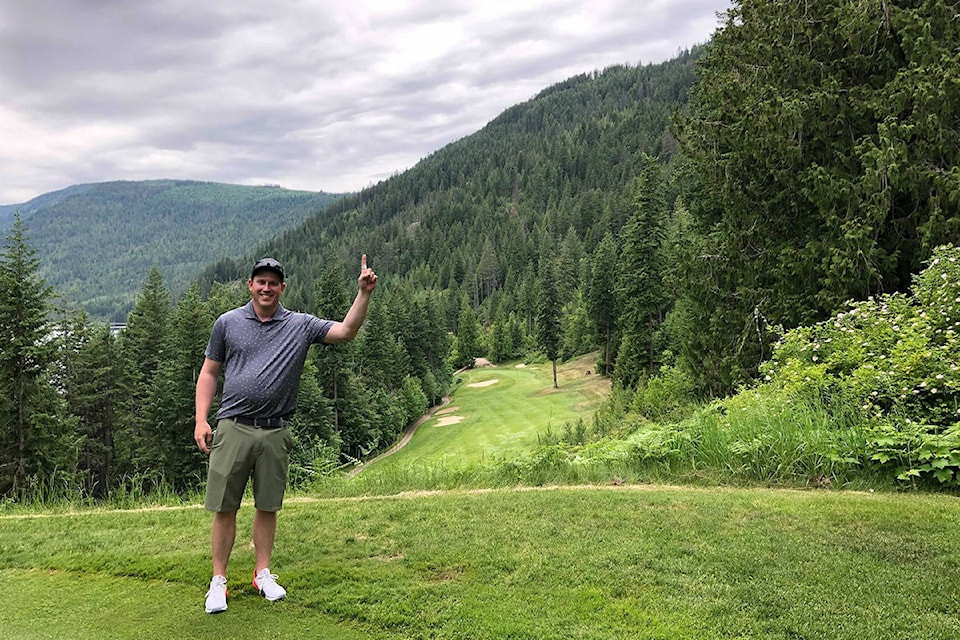 Dan Leatherdale, soon after hitting his hole-in-one at the 17th hole of Hyde Mountain on Mara Lake Golf Course on June 3, 2021. (Contributed)