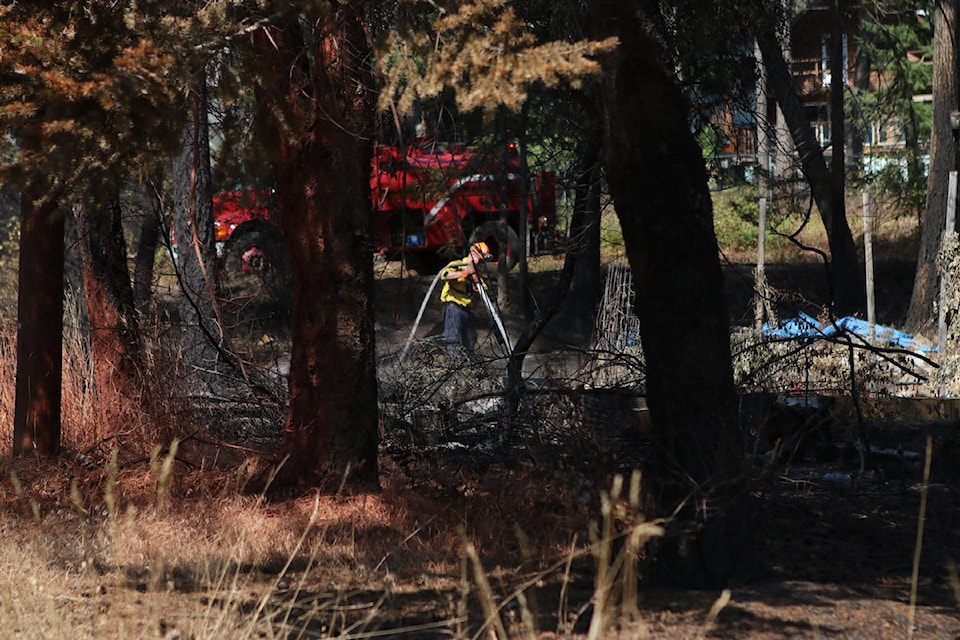 A firefighter extinguishes a hotspot on Aug. 24 near a Westside Road property impacted by the White Rock Lake wildfire. (Aaron Hemens/Capital News)