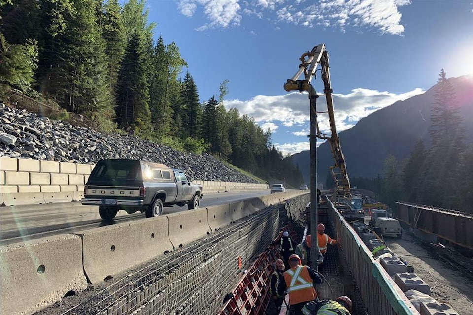 Crews pouring substructure concrete in the expansion of the highway. (BC Ministry of Transportation)