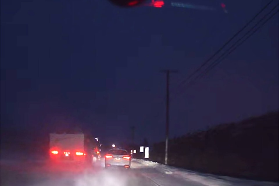 This semi was caught on dash camera video passing vehicles over a solid line in Oliver in the dark morning hours Jan. 7, 2022. (Bronco Fowlie Facebook)