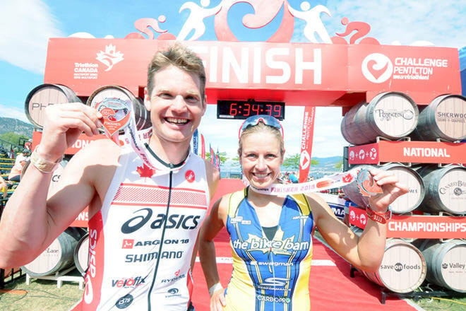 Professional Ironman athlete and hometown hero Jeff Symonds and one to watch at the finish line around 3 p.m. He is pictured here with other hometown Ironman hero Jen Annet who isn’t competing in Penticton. (Western News file photo)