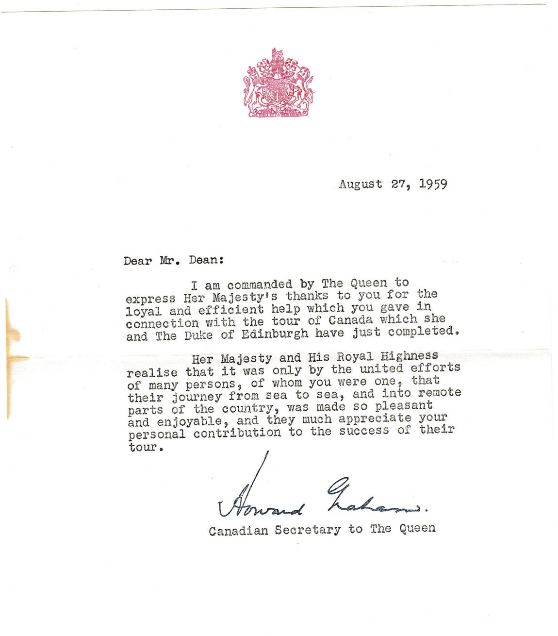The personal letter thanking Benn Dean for his service in aiding the Royal Train in Revelstoke from Howard Graham, Canadian Secretary to the Queen. (Contributed by Dana Dean)