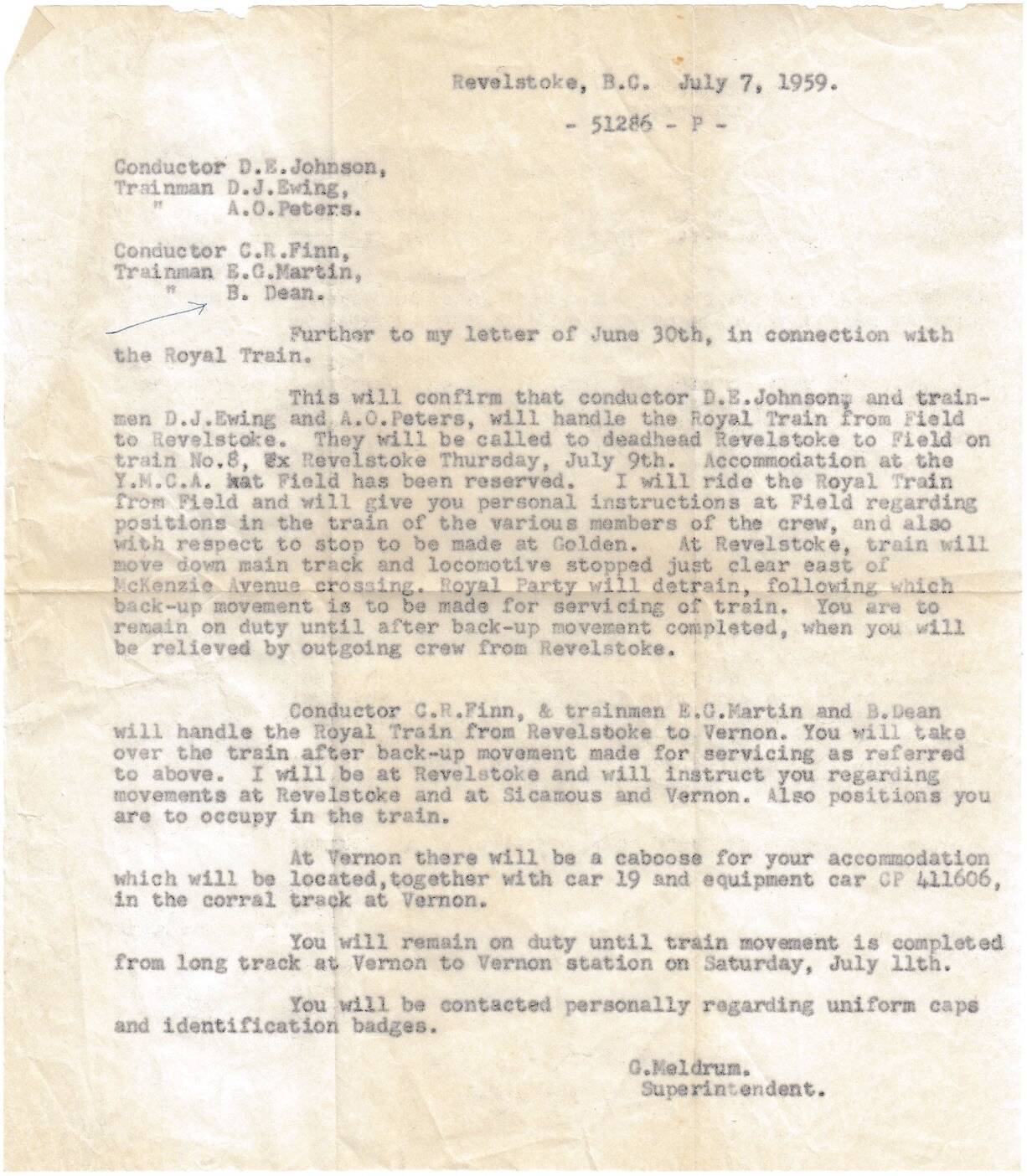 An official communication between the Canadian Pacific Superintendent of the day and the trainsmen and conductors who handled the Royal Train when it stopped in Revelstoke. (Contributed by Dana Dean)