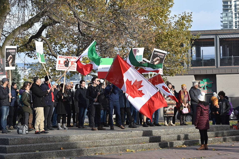 A protest hit downtown Kelowna on Saturday to support Iranians fighting for their freedom against the Iranian regime (Photo - Jordy Cunningham/Capital News)
