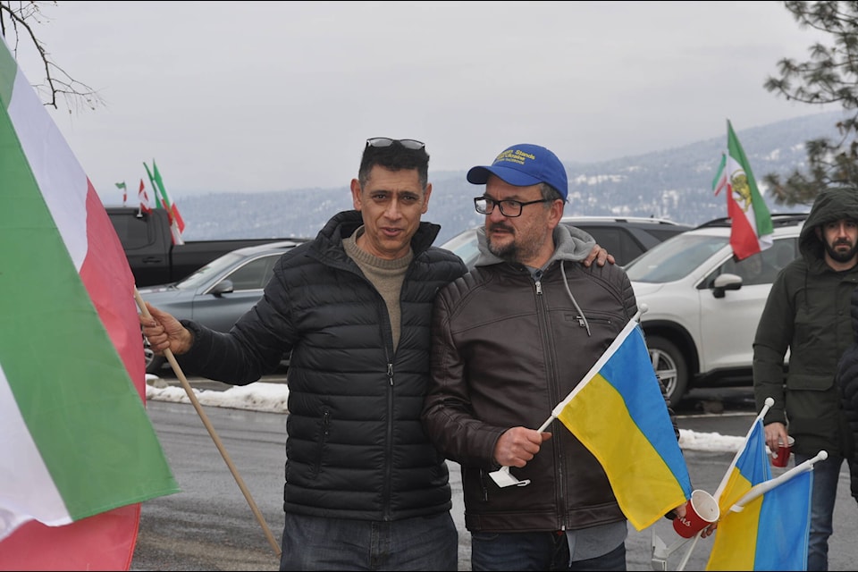 Iranian protest organizer and UBCO teacher Ray Taheri and Kelowna Stands with Ukraine president Denys Storozhuk stand together ahead of the ‘Human Rights Drive’ on Saturday, Nov. 12 (Photo - Jordy Cunningham/Kelowna Capital News)
