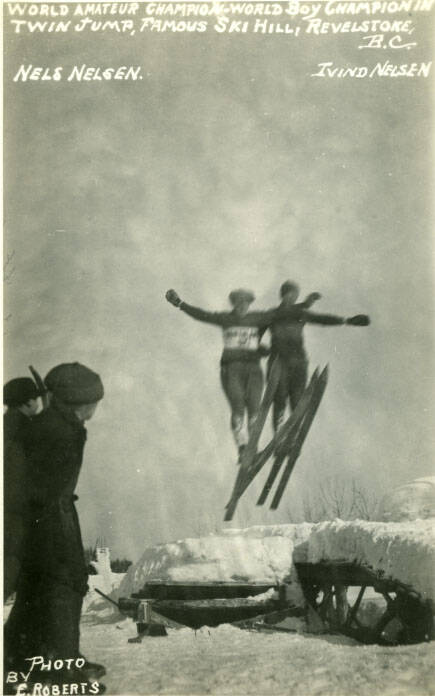 Nels (world champ)and Ivind Nilsen (boys world champ) jumping tandem, 1922. (Contributed by the Revelstoke Museum and Archives)
