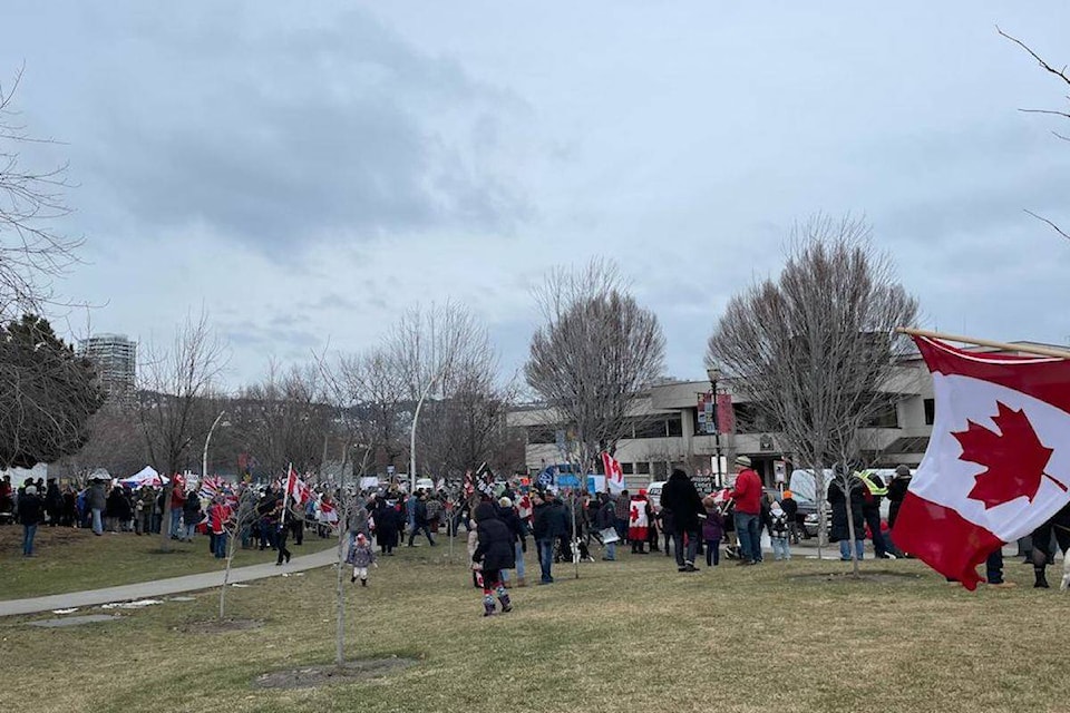 Anti-COVID mandate protesters at Stuart Park in downtown Kelowna Jan. 29, 2022 (Jordy Cunningham/Capital )