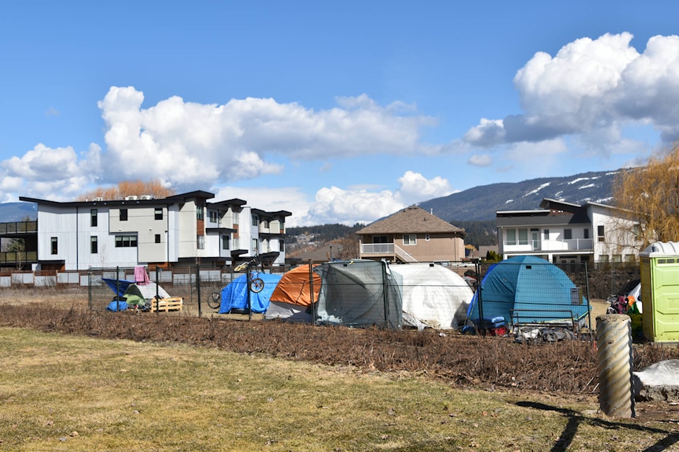 The new camp for people living rough in Salmon Arm, as of March 27, was situated off Narcisse Street near Peter Jannink Park and the city’s sewage treatment plant. (Martha Wickett-Salmon Arm Observer)