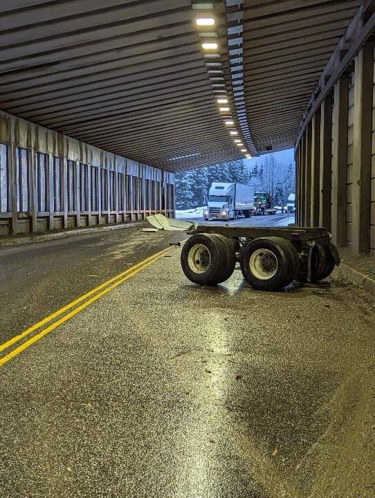 Debris from the Gold Freight semi-truck in the Lanark snowshed on April 11. (Skilled Truckers Canada)