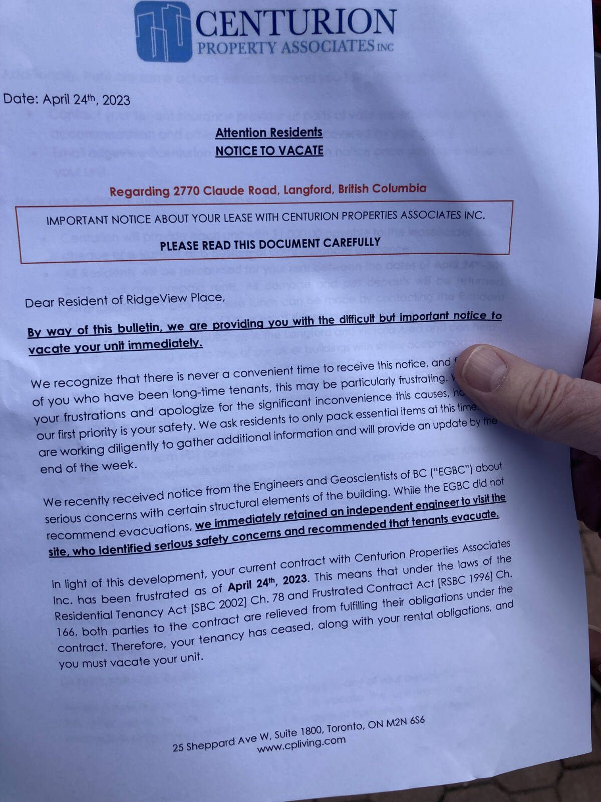 A letter was sent to residents by Centurion, the owners of the residential building at 2770 Claude Rd., where residents have been told to leave their homes immediately. (Bailey Moreton/News Staff)A letter sent to residents by Centurion, the owners of the residential building at 2770 Claude Rd., where residents have been told to leave their homes immediately. (Bailey Moreton/News Staff)