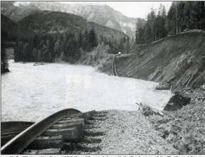 Water over the CP train tracks in 1983. (Revelstoke Museum & Archives)