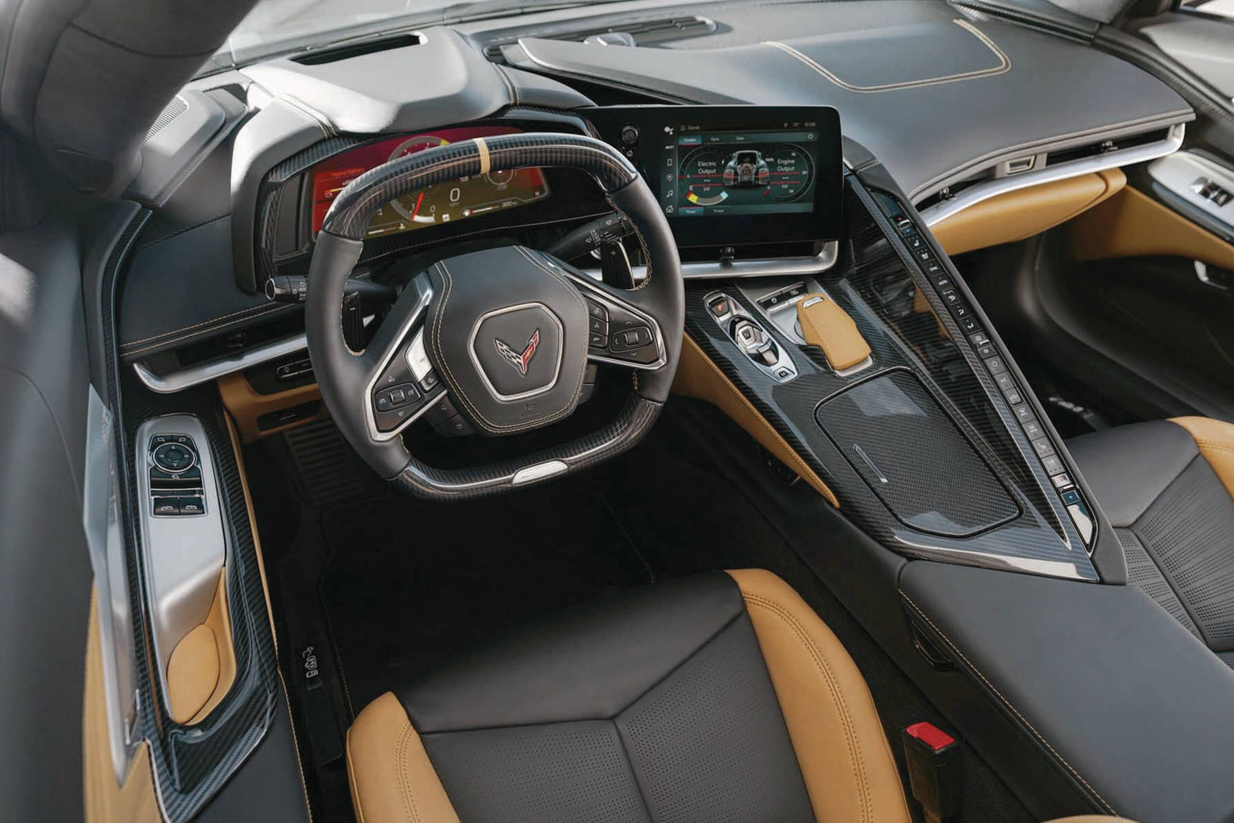 As with the E-Rays exterior, the interior styling is busy. Aside from instrumentation specific to the hybrid function  showing output and of efficiency of the system  the command-centre-style interior is unchanged from other Corvette models. PHOTO: CHEVROLET