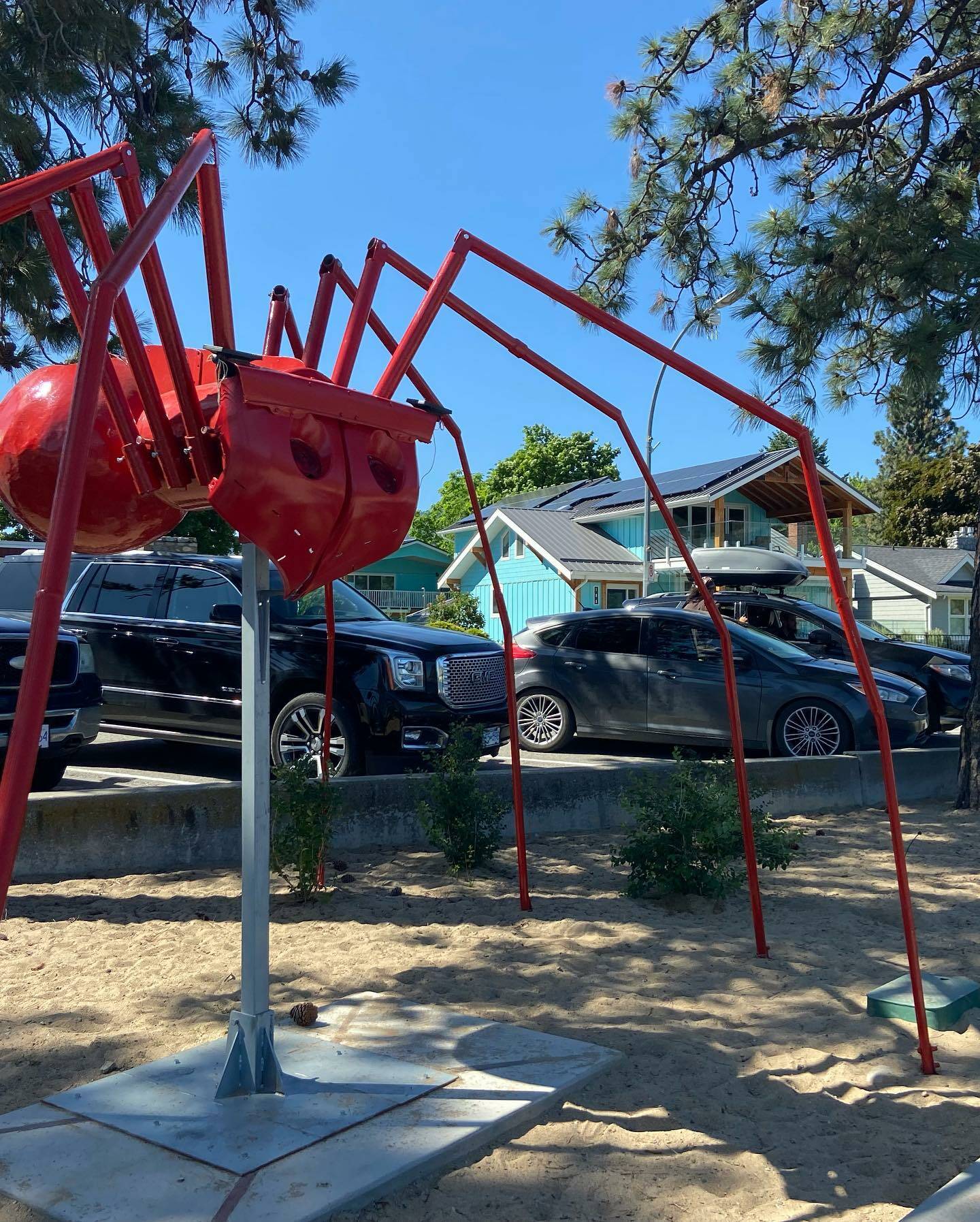 The recently installed GIGASPIDER sculpture at Okanagan Lake beach in Penticton was vandalized Sunday night or early Monday morning. (Monique Tamminga Western News)