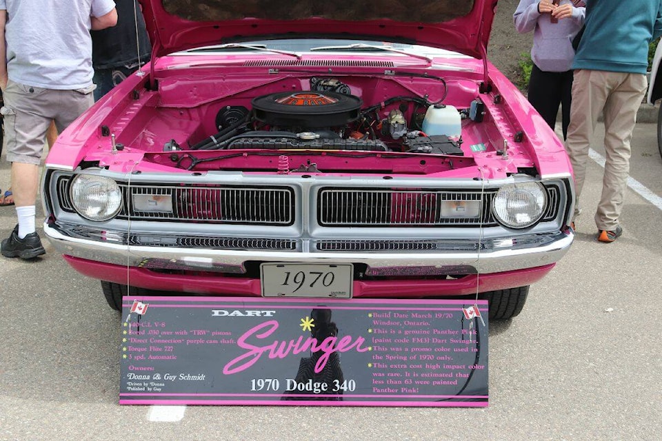 Donna and Guy Schmidt’s 1970 Dodge Dart, one of the 105 vintage cars at the annual North Okanagan’s Vintage Car Club Fathers Day Car Show, hosted at the Village Green Mall parking lot on Sunday, June 18. (Bowen Assman Photo)