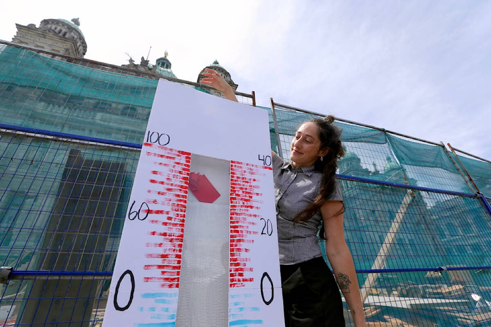 Pamela Charron, executive director of the Worker Solidarity Network, places a red piece of paper into a giant thermometer Saturday, June 17, as part of a demonstration in front of the B.C. legislature calling on the government to make labour law changes to better protect workers in extreme heat. (Justin Samanski-Langille/News Staff)