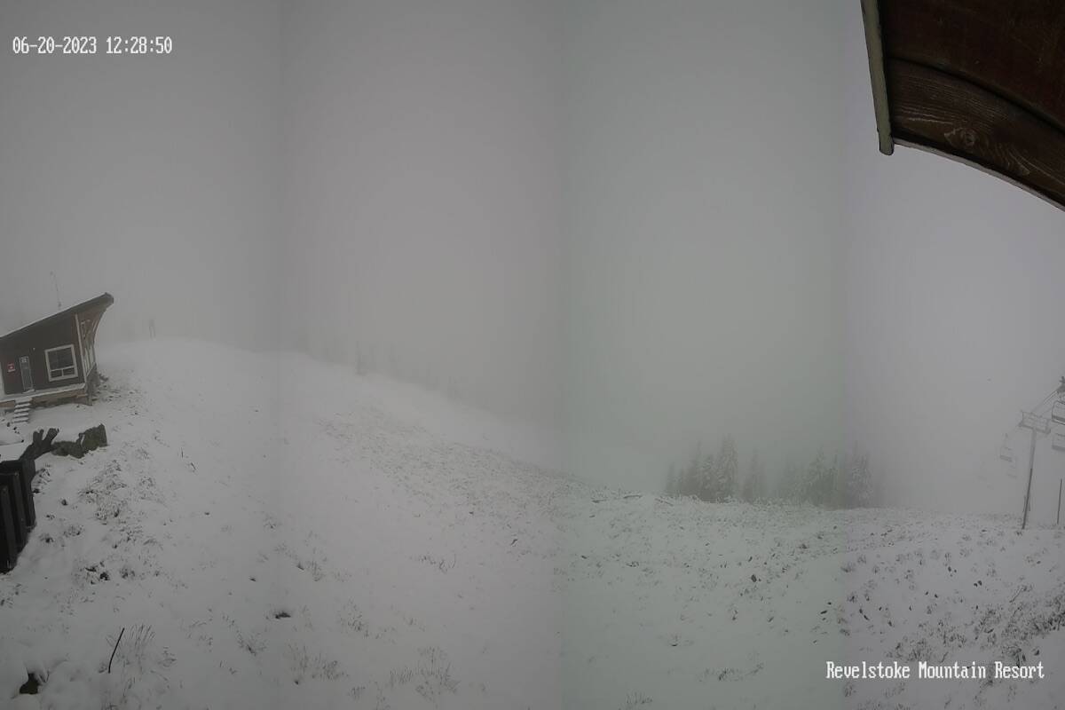 Snow at the top of the Stoke Chair at Revelstoke Mountain Resort, June 20, 2023. (Revelstoke Mountain Resort Webcam)