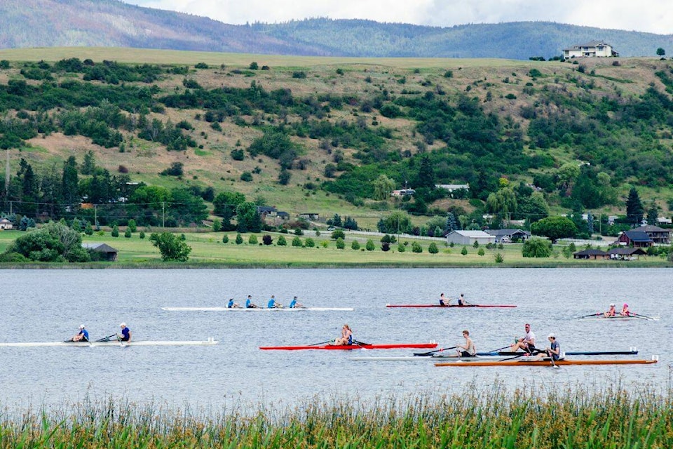 Crews after the race finish, waiting to cross the course back into the dock at the annual Lap the Lake Regatta on Saturday, June 17. (Contributed)