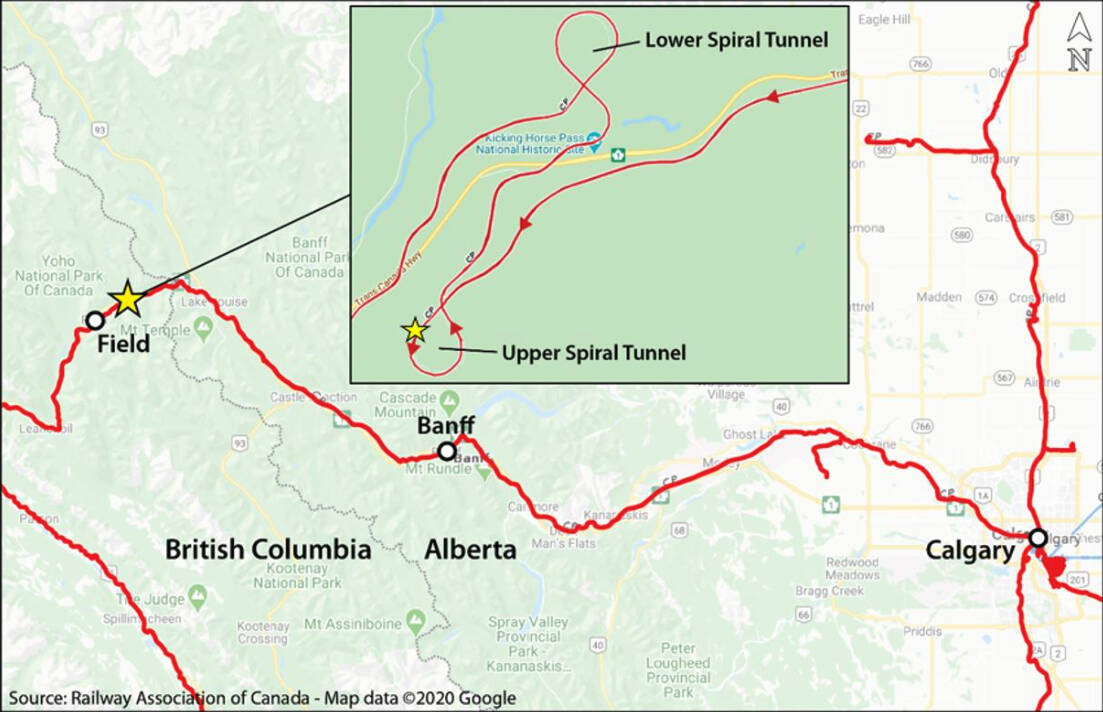 A map showing the location of a 2019 Canadian Pacific Railway freight train derailment in the Upper Spiral Tunnel, which is known for its steep grades and sharp curves, near Field, B.C. The Transportation Safety Board says an undesired release of air brakes led to the derailment of 15 empty cars. (Transportation Safety Board)
