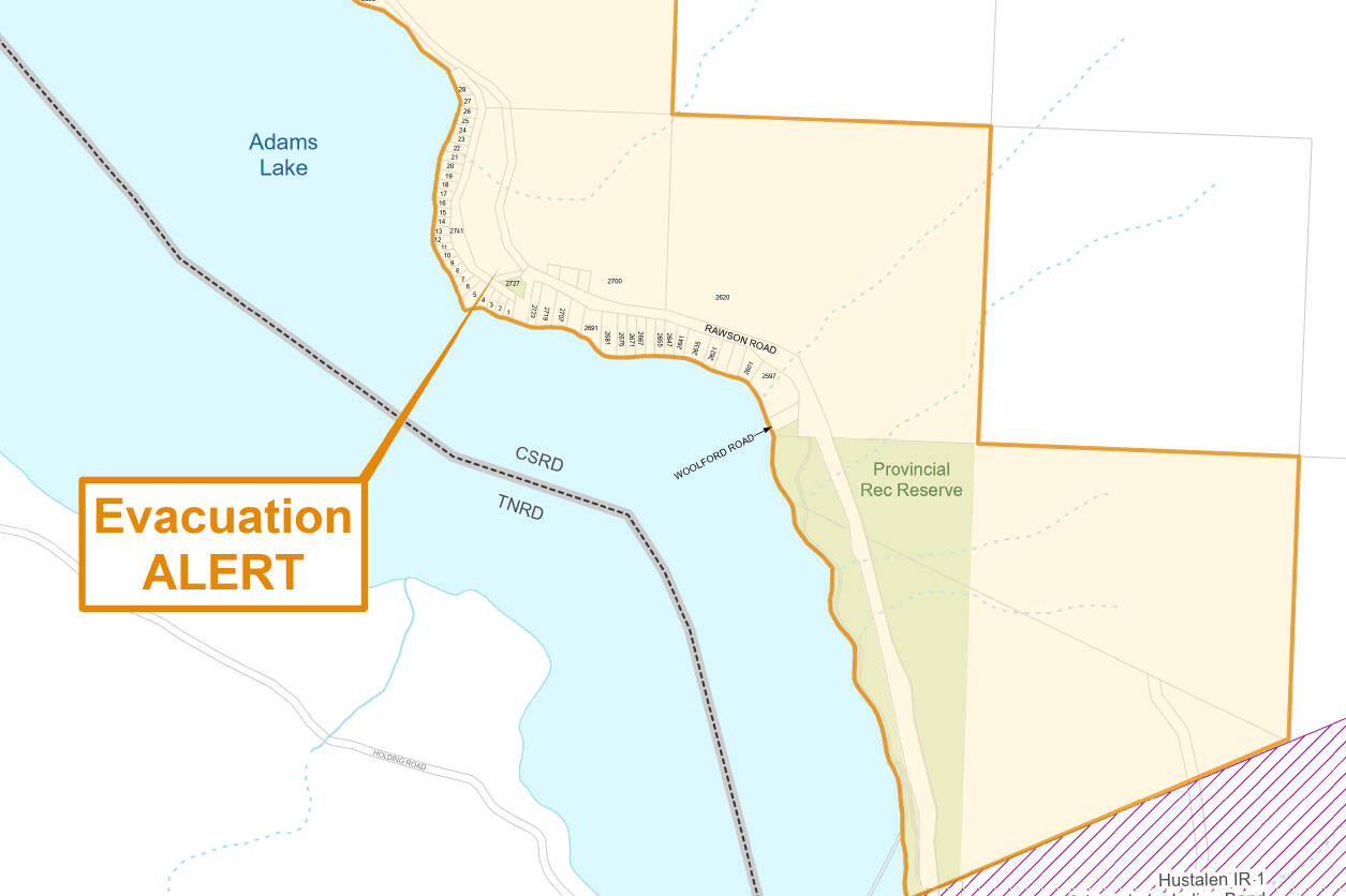 Nearly 100 properties on lower east Adams Lake are under evacuation alert due to a wildfire. (CSRD map)