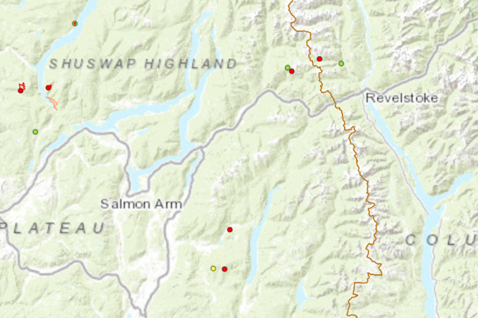 The map shows the fires currently out of control near Adams Lake, Enderby and Crazy Creek/Twin Lakes. (BCWS)