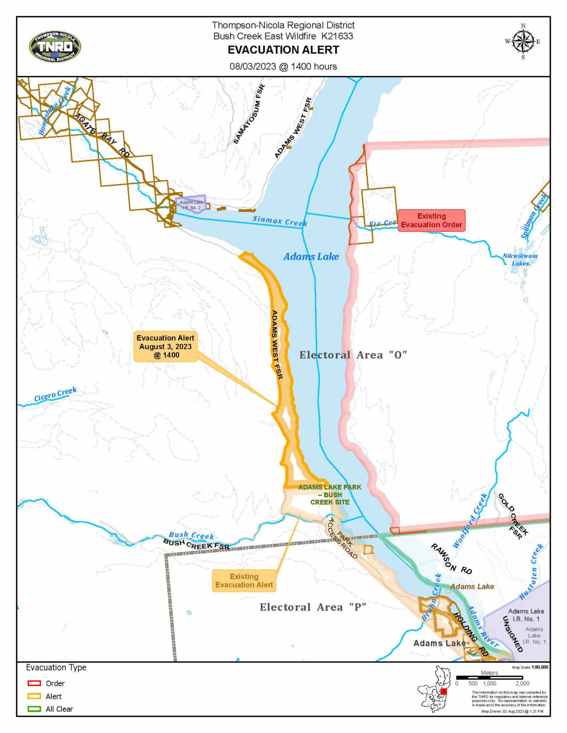 The map shows, in yellow, properties under evacuation alert as of Aug. 3, 2023 at 2 p.m. in the TNRD Electoral Area O. The properties are along Adams Lake Forest Service Road. (TNRD image)