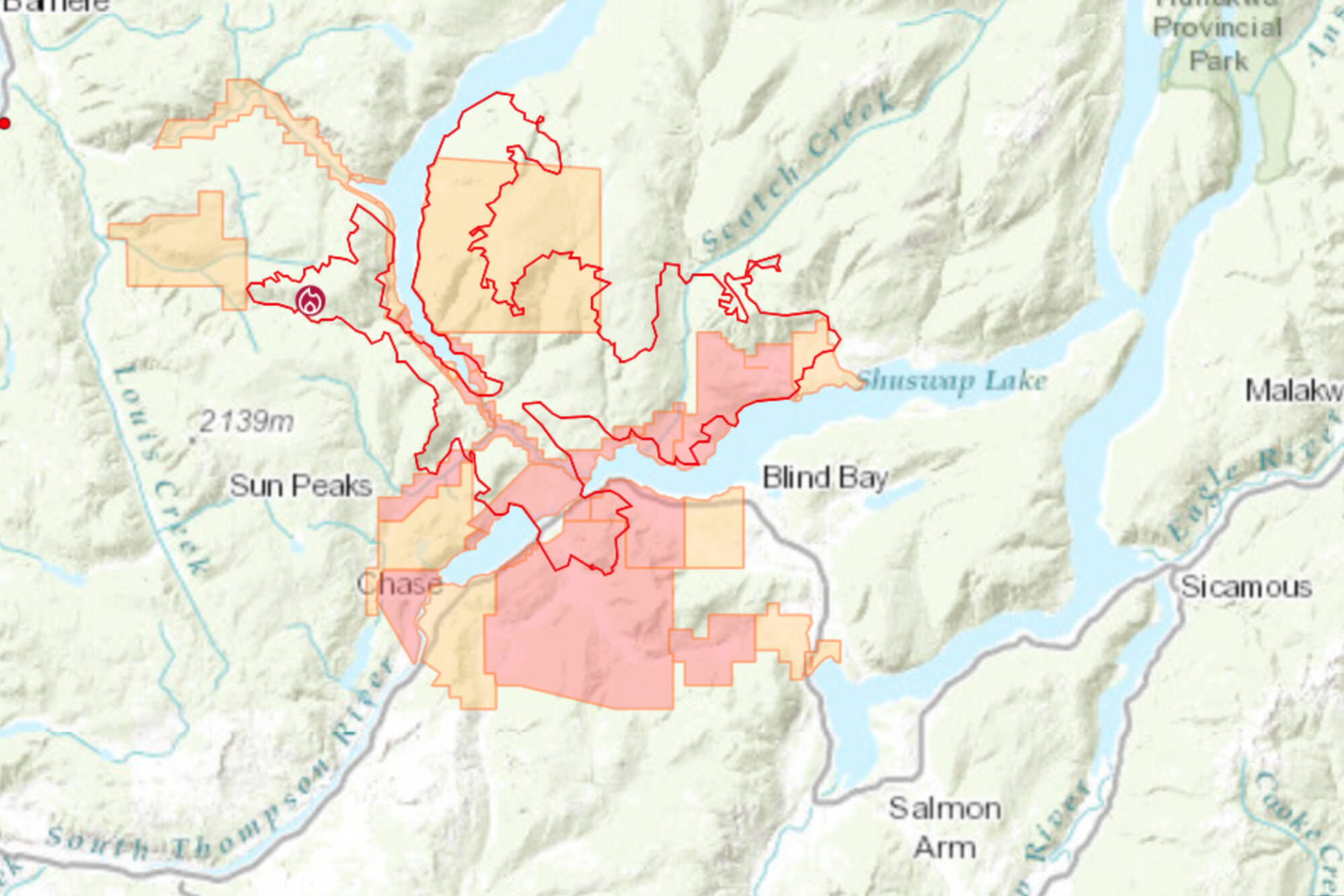 The map shows evacuation alerts (yellow) and orders (red) near the Bush Creek East wildfire west of Adams Lake. (CSRD)