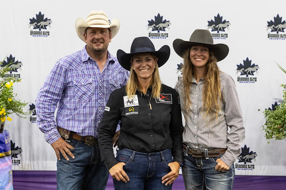 From left to right, Colin Balan, Christine Drisner, Helen Nowosad - the Breeders Elite Incentive administration team. The event runs in Rimbey at the Co-operators Agrim Centre Aug. 1-3.
(Photo submitted)