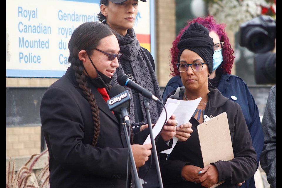 A.J. Fallenchild speaks in front of the Ponoka RCMP building Monday, Sept. 14. Photo by Emily Jaycox