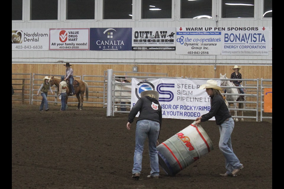 Setting up the barrels for the AHSRA Rocky/Rimbey & Area Youth Rodeo this past weekend. (Christi Albers-Manicke/RIMBEY REVIEW)